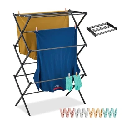 Image of Relaxdays Folding Airer, Clothes Horse, 11 Rails, HWD: 105 x 74 37 cm, Laundry Drying Rack, Metal, Space Saving, Black, Steel, Plastic