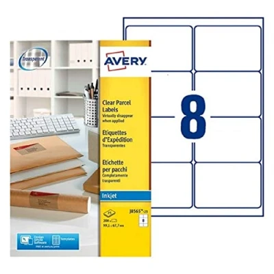 Image of AVERY J8565 25 200 Transparent Adhesive Delivery Labels Customisable 99.1 x 67.7 mm Printing: Inkjet