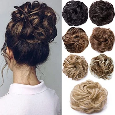 Image of Scrunchy Scrunchie Hair Bun Updo Hairpiece Ribbon Ponytail Extensions Wavy Curly Messy Donut Chignons Piece Wig Medium Brown
