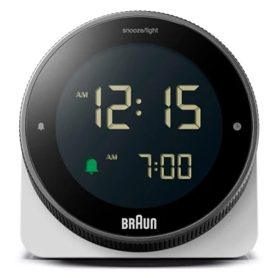Image of Braun Digital Alarm Clock with Snooze, Negative LCD Display, Rotating bezel for quick time setting, Crescendo Beep in White, model BC24W.
