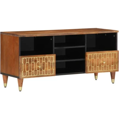 Image of vidaXL Solid Mango Wood TV Cabinet Stand Black Media Entertainment Centre with Iron Legs, Floral Pattern &amp; Storage Space, 100x33x46 cm, Retro Style