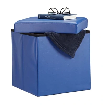 Image of Relaxdays Folding Ottoman 38 x cm Sturdy Storage Chair Pouf and Footstool, Faux Leather Box, Removable Lid, Blue