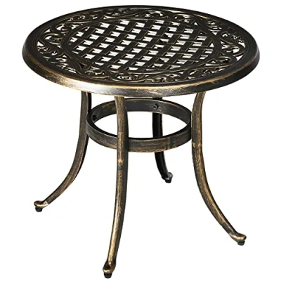 Image of Outsunny 60cm Industrial Side Table, Round Hollow Top Design End Table with Cast Aluminum Frame for Patio, Garden, Balcony, Bronze