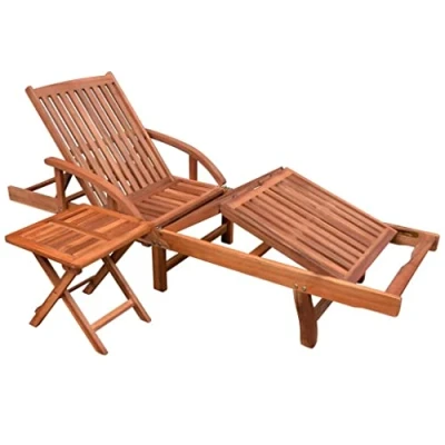Image of vidaXL Acacia Wood Sun Lounger Set with Folding Table Outdoor Patio Garden Furniture Adjustable Backrest and Footrest, Portable Wheels