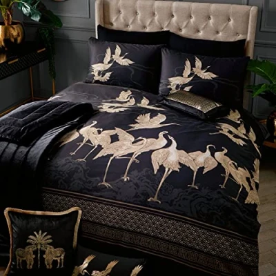Image of Laurence Llewelyn Bowen Oriental Crane Bird Duvet Cover King Bedding Size (230 x 220cm) Soft 100% Cotton 2 Pillowcases Designer Luxury Set Black with Birds