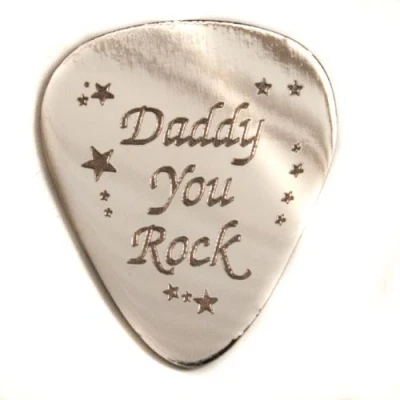 Image of Personalised 1mm &quot;Daddy You Rock&quot; Guitar Plectrum Pick, Engraved (Silver) Enter Your Own Custom Text