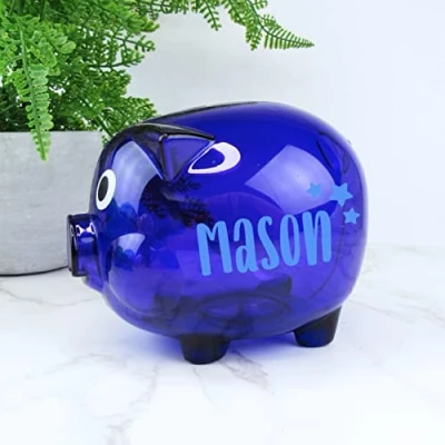 Image of eBuyGB Personalised Transparent Plastic Piggy Bank, Kids Money Box, Saving Jar Keepsake for Children, Novelty Gift (Purple)
