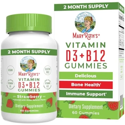 Image of MaryRuth Organics, Vitamin D3 &amp; B12 Gummies, Strawberry Flavour, 60 Vegan Vegetarian, Gluten Free, Soy Non GMO