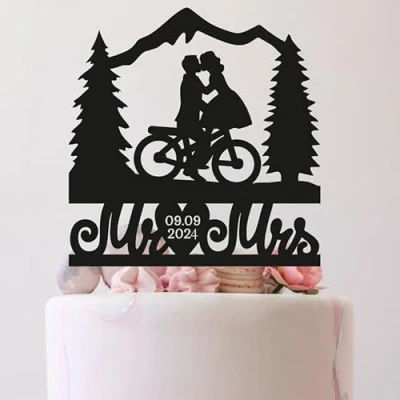 Image of Personalized Mountain Wedding Bicycle Cake Topper Mr And Mrs Travel Couple Bike, 6 7.8 Inch For Party Cake, Lover, Newlyweds Celebration