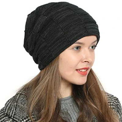 Image of DonDon Beanie hat Women Winter Knit Knitted Long Slouch with Fleece Lining Black Grey