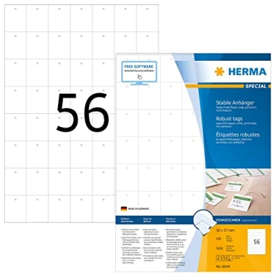 Image of HERMA Printable Tags, 56 Pieces Labels per A4 Sheet, 100 Sheets, 30 x 37 mm, 5600 Pieces, Blank Rectangle Price Perforated Jewellery Hang Tags for Laser &amp; Inkjet Printer, White