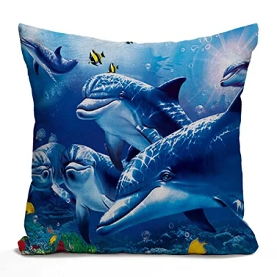 Image of Tomda Blue Sea World Coral Dolphin Cotton Burlap Linen Cushion Cover Throw Pillow Case Sofa Outdoor Decorative Square 45x45cm 18x18 Inch