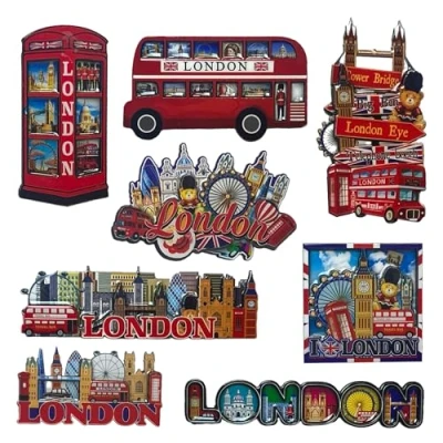 Image of LILAJ Set of 6 London 3D Fridge Magnet Bus &amp; Telephone Box British England Souvenirs Landmark Union Jack Flag Gift