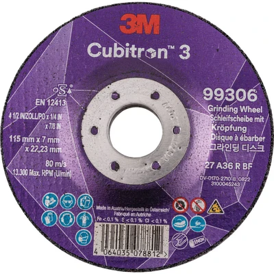 Image of 3M Cubitron 3 Depressed Center Grinding Wheel, 99306, 36+, T27, 115 mm x 7 22.23 mm, EN, 10/Pack