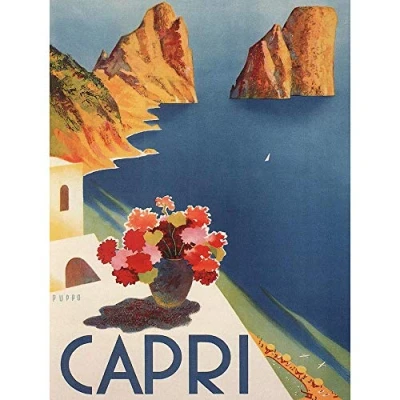 Image of Wee Blue Coo Travel Tourism Italy Capri Island Sun Flowers Sea Art Print Poster Wall Decor 12X16 Inch