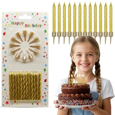 Image of Pack of 12 Gold Party Spiral Candles with Candle Holders, for Decoration Party, Birthday and Annniversary meetups