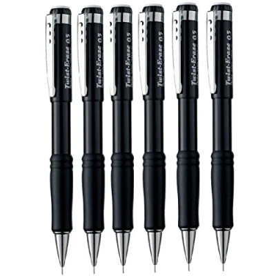 Image of Pentel 0.5mm Lead Size Twist Erase Automatic Pencil Mechanical Drafting Black Barrel Refillable QE515 (Pack Of 6)