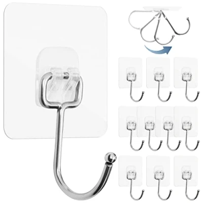 Image of LFBEST 10 Pcs Adhesive Hooks Heavy Duty 44lb/20kg(Max), Large Size Sticky Clear Strong Nail Free Wall for Bathroom Home Kitchen and Office