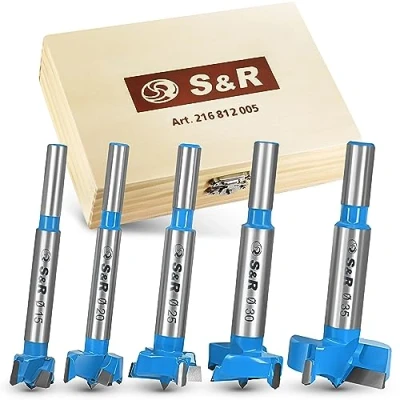 Image of S&amp;R Forstner Drill Bit Set for Wood 5 Piece: 15, 20, 25, 30, 35 mm in Wooden Box, Round Shaft, Forged Tool Steel, carbide cutting edges, Precision Woodworking Made Easy