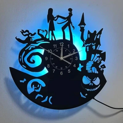 Image of inthetime Wall Clock Jack and Sally Skellington,LED Clocks 12 The Nightmare Before Christmas 7 Color Retro Clock, for Kids Handmade Decor