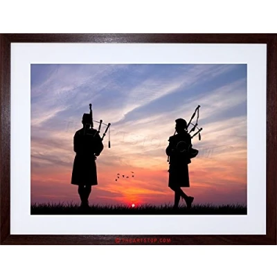 Image of Wee Blue Coo Photo Mock Up Silhouette Sunset Scottish Pipers Framed Wall Art Print