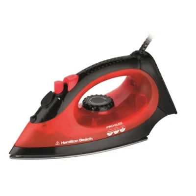 Image of Hamilton Beach Steam Iron, Non Stick Soleplate, Adjustable Temperature Control, Continuous &amp; Spray Functions, Overheat Protection, 360 Swivel Cord, 2200W HB048D, Red Black