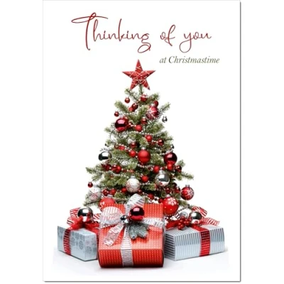 Image of doodlecards Thinking Of You Christmas Card Parcels and Tree Medium Size with Plain Envelope