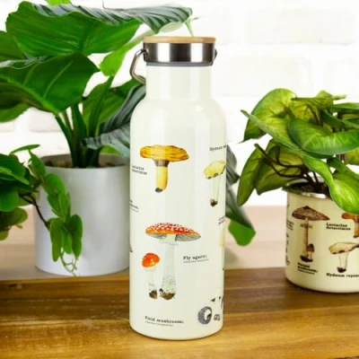 Image of Gift Republic Mushroom Design Double Walled Flask Stainless Steel Hot &amp; Cold Water Bottle 500ml Leakproof BPA Free with Wood Inlay Lid Eco Friendly for Outdoor Adventures