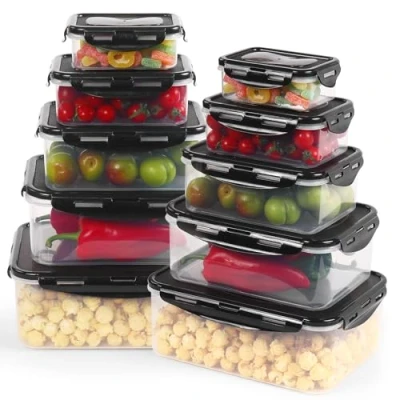 Image of Rainberg Plastic Food Storage containers 20 Pieces (10 &amp; 10 Lids) Containers, Air Tight Lids, Freezer, Microwave Dishwasher Safe. (Black)
