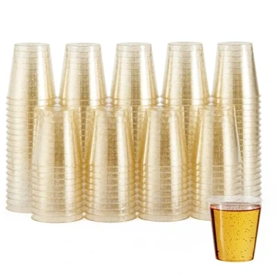 Image of MATANA 60 Plastic Shot Glasses, Gold Glitter (30ml / 1oz) Reusable Glasses Plastic, Glass, Jelly Shots, Sample Tasting Cups for Parties, Birthdays, Weddings, Hen Parties
