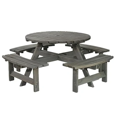 Image of BrackenStyle Wooden Round Table with Bench and Parasol Hole 1 Piece Furniture Outdoor Dining for Picnic, Garden, Patio, 8 People Seater 1.8M Diameter (Dark Grey Wash)