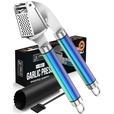 Image of ORBLUE Garlic Press, Stainless Steel Mincer and Crusher with Rocker Peeler Set Professional Grade, Dishwasher Safe, Rust Proof Premium Metal Multi Colored
