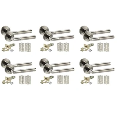 Image of Golden Grace Mitred Style Modern Chrome Door Handles on Rose with Duo Finish Lever Latch Pack Ball Bearing Hinges and 64mm Tubular or Bathroom Set Lock (6 Sets)