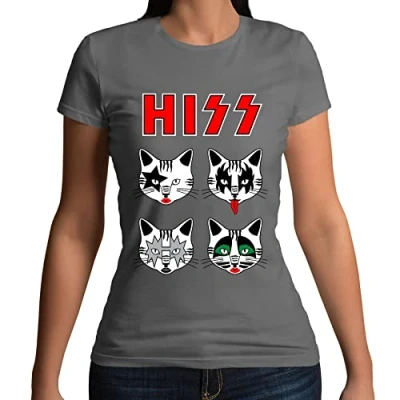 Image of Womens Hiss Kiss Cats Kittens Rock Funny Parody T Shirt Charcoal Grey UK 14 16 (XXL)