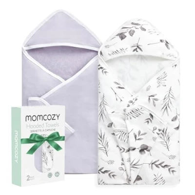 Image of momcozy Hooded Baby Towel, 2 Pack and Cotton Bath Towel with Hooded, Large 89cm X 89cm, Set for Boy or Girl,Infant Kid, Ink Wash Leaves