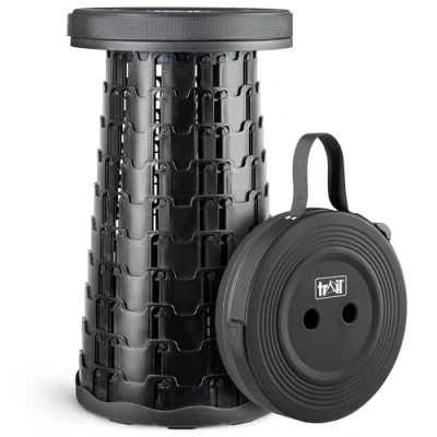 Image of Trail Portable Telescopic Stool, Collapsible Folding Expanding Outdoor Camping Seat, Adjustable to H45cm, Safety Lock, Lightweight with Carry Strap, 150kg Max Load, Hiking, Festival, Fishing (Black)