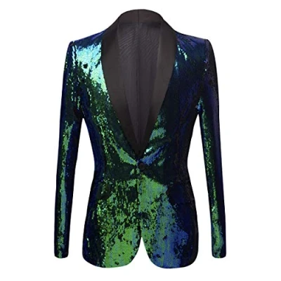 Image of PYJTRL Men Stylish Two Color Conversion Shiny Sequins Blazer Suit Jacket (Green, 3XL)