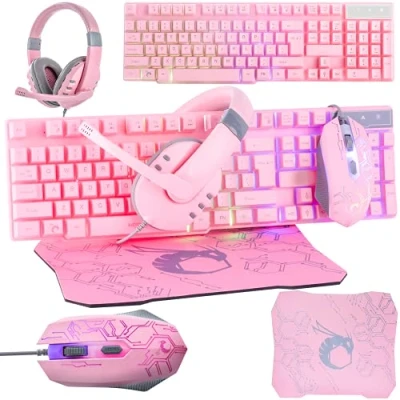 Image of Pink Gaming Keyboard and Mouse Headset Headphones pad Wired LED RGB Backlight Bundle PC Accessories for Gamers Xbox PS4 PS5 Nintendo Switch Users 4in1 Edition Hornet RX 250