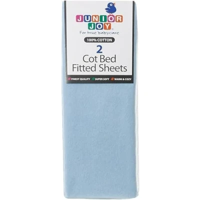 Image of Junior Joy Cot Bed Fitted Sheets, 100% Cotton, Oeko Tex Standard 100, Soft and Breathable, 70 x 140cm, for Baby Toddler, Pack of 2 Blue