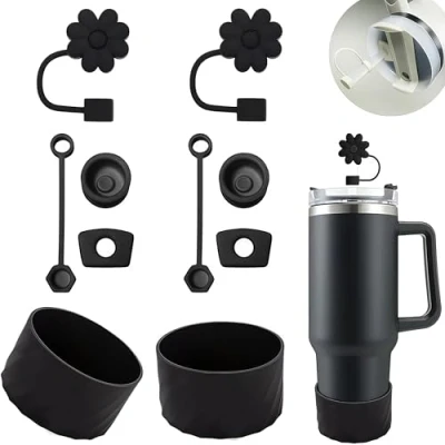 Image of Stanley Cup Accessories10Pcs, 4 Straw Cover Cap, 2 Square Spill Stopper, Round Leak Pcs Silicone Boot for 20 40/30oz/Tumbler Proof Stopper Set (Black)