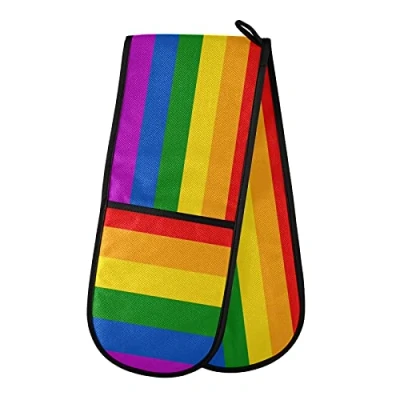 Image of PUXUQU Oven Gloves Double Mitts Gloves, Colorful Rainbow Heat Resistant for Baking BBQ Kitchen Cooking