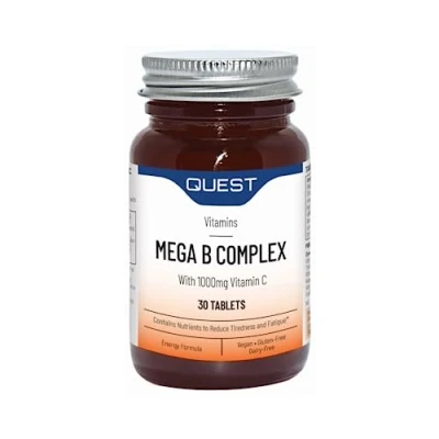 Image of Quest Mega B Complex (30 Tablets) Vitamin with 1000mg C per Tablet. Nutrients &amp; Vitamins to Reduce Tiredness Fatigue. Supports Energy Concentration Levels.