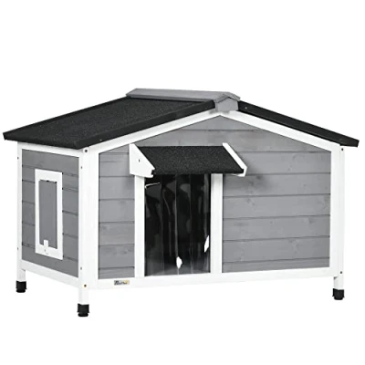 Image of PawHut Large Wooden Dog Kennel, Elevated Kennels for Outside, with Openable Top, Asphalt Roof, Windows, Curtain, Removable Tray, Adjustable Legs, House Outdoor, 65H x 97L 72Wcm, Grey