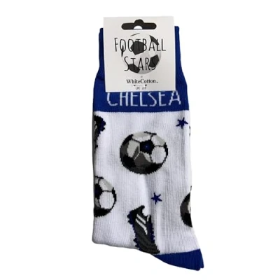 Image of WHITE COTTON CARDS Chelsea Blues Football Club FC Fan Novelty Socks. Size UK Small 2 7 (S FN3 S)