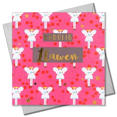 Image of Welsh Christmas Card, Fairies on Pink, text foiled in shiny gold
