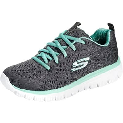 Image of Skechers Women&#039;s Graceful Get Connected Sneaker, Charcoal Mesh Green Trim, 4.5 UK