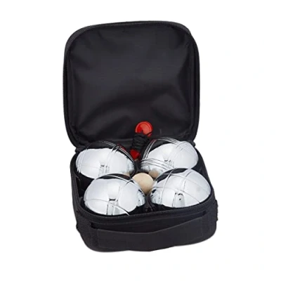 Image of Relaxdays Boule Set, 4 Metal Balls, Includes Jackball &amp; Measuring Tool, Canvas Bag, Bocce Game, Silver/Black, Steel, 7.5 x 15.5 cm