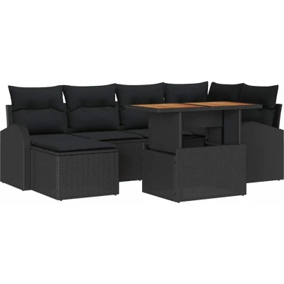 Image of vidaXL 7 Piece Garden Dining Set with Cushions Black Poly Rattan Acacia