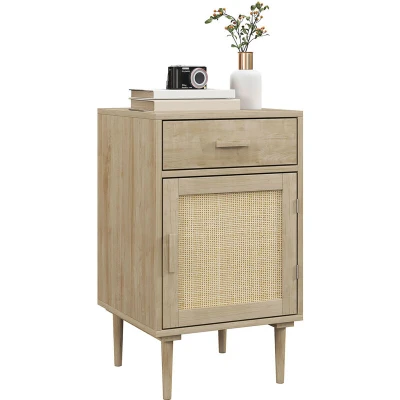 Image of HOMCOM Bedside Table, Rattan Side Tables with Drawer, Cabinet and Adjustable Shelf, Boho Storage for Bedroom, Living Room, Natural Wood Effect