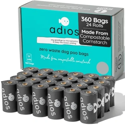 Image of Adios Plastic Biodegradable Dog Poop Bags Extra Thick Compostable Poo Made from Highest Rated EN13432 Certified Cornstarch Leak Proof Waste in Grey Colour 24 Rolls, 360